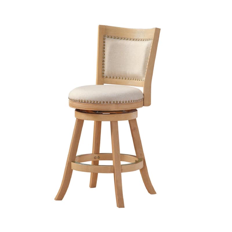 Kia 24 Inch Solid Wood Swivel Counter Stool, Curved Panel Back, Brass Nailheads, Ivory