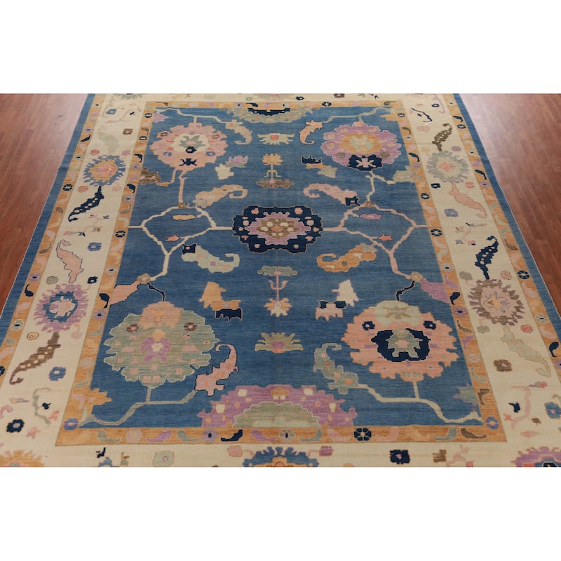 Hand Knotted Oriental 100% Wool Carpet Transitional All-Over Navy Blue & Blues Oushak Area Rug - 15' 7'' X 12' 3''