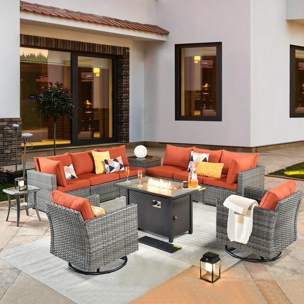 slide 2 of 51, HOOOWOOO 11-piece Rattan Wicker Outdoor Furniture Set Swivel Chairs with Fire Pit Red/Orange