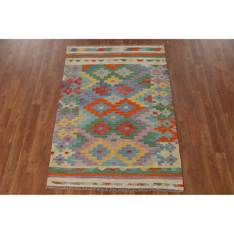 Reversible Kilim Accent Rug Hand-Woven Geometric Wool Carpet - 3'6"x 5'1"