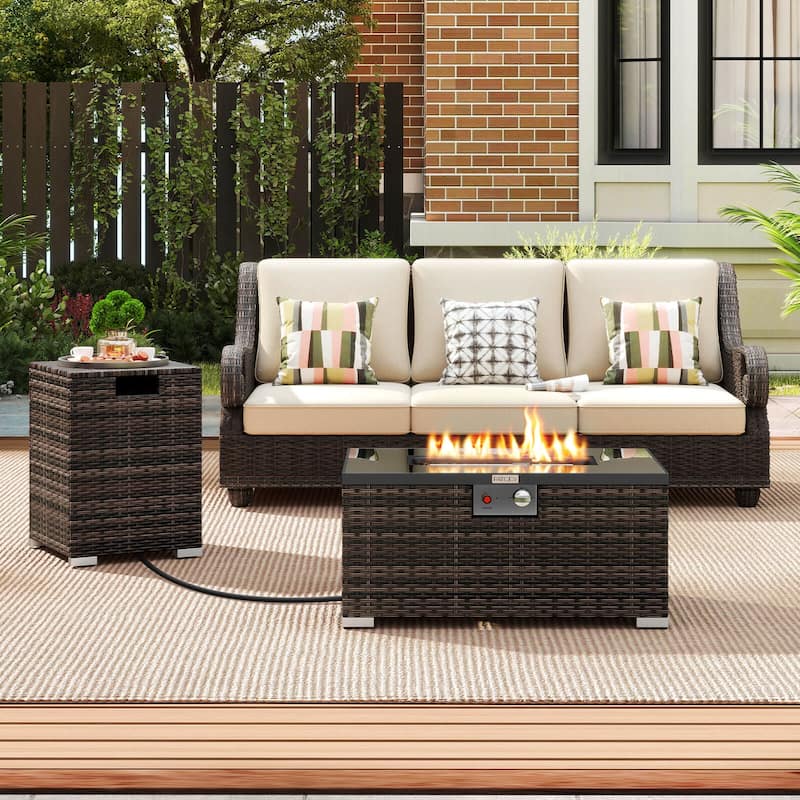 Costway 2 PCS Outdoor Rattan Fire Table Set with Tank Cover Tempered - See Details