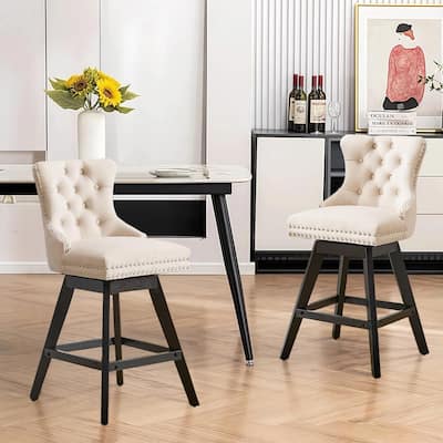 Tufted Swivel Velvet Rubberwood Nailhead Barstools (Set of 2)