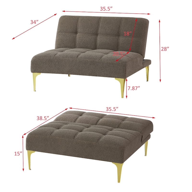 Convertible sofa bed futon with gold metal legs teddy fabric