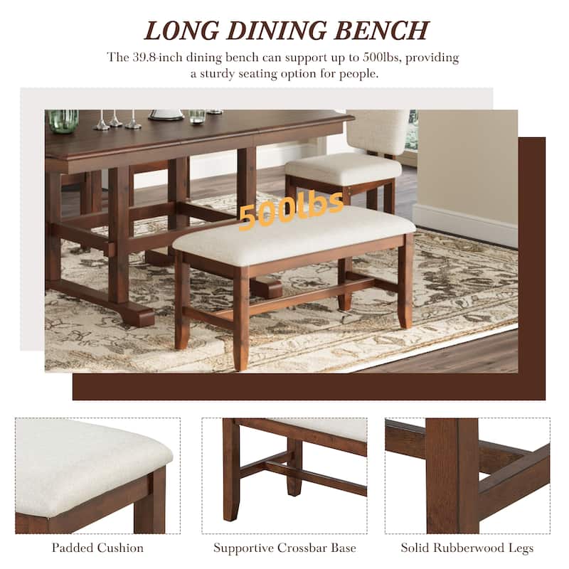 6-Piece Extendable Dining Set with Curved Top Table, Wood Kitchen Table Set with Upholstered Chairs & Bench