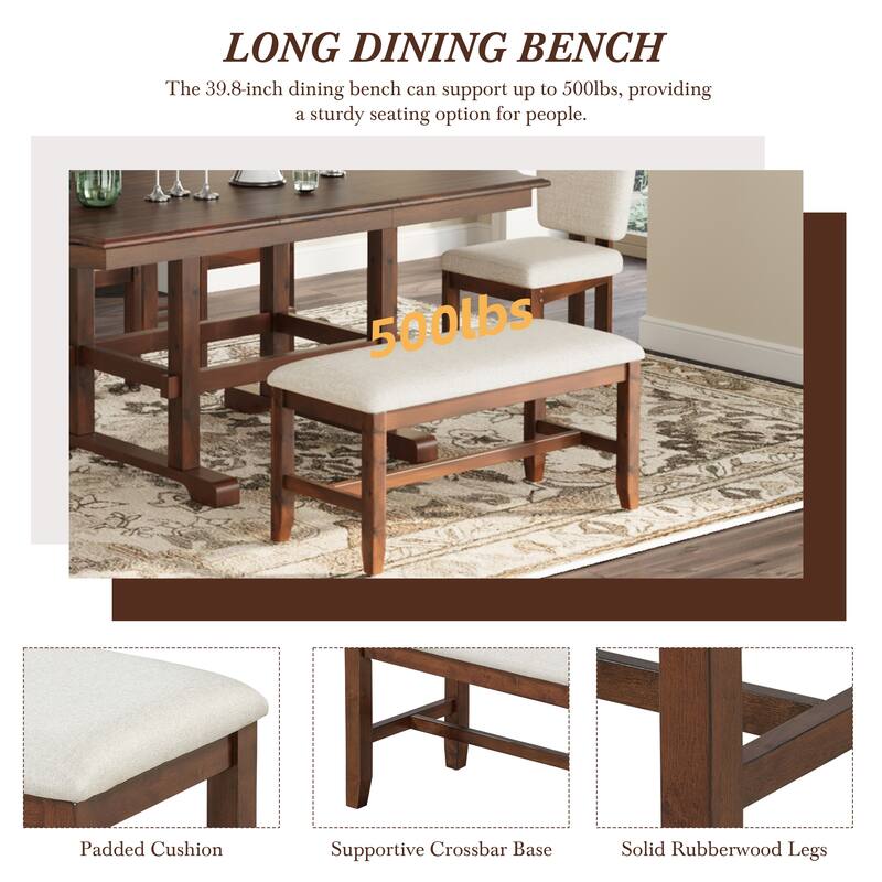 6 Pieces, Extend Dining Table Set with Bench, Removable Leaf and 4 Upholstered Dining Chairs, for kitchen and Dining Room