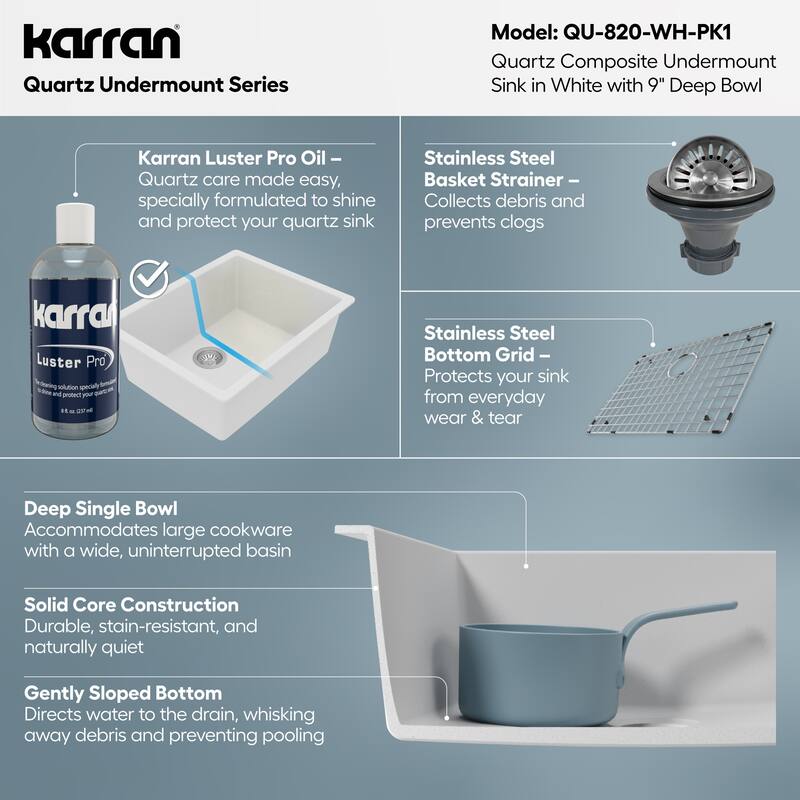 Karran Undermount 24.38 in Single Bowl Quartz Kitchen Sink Kit