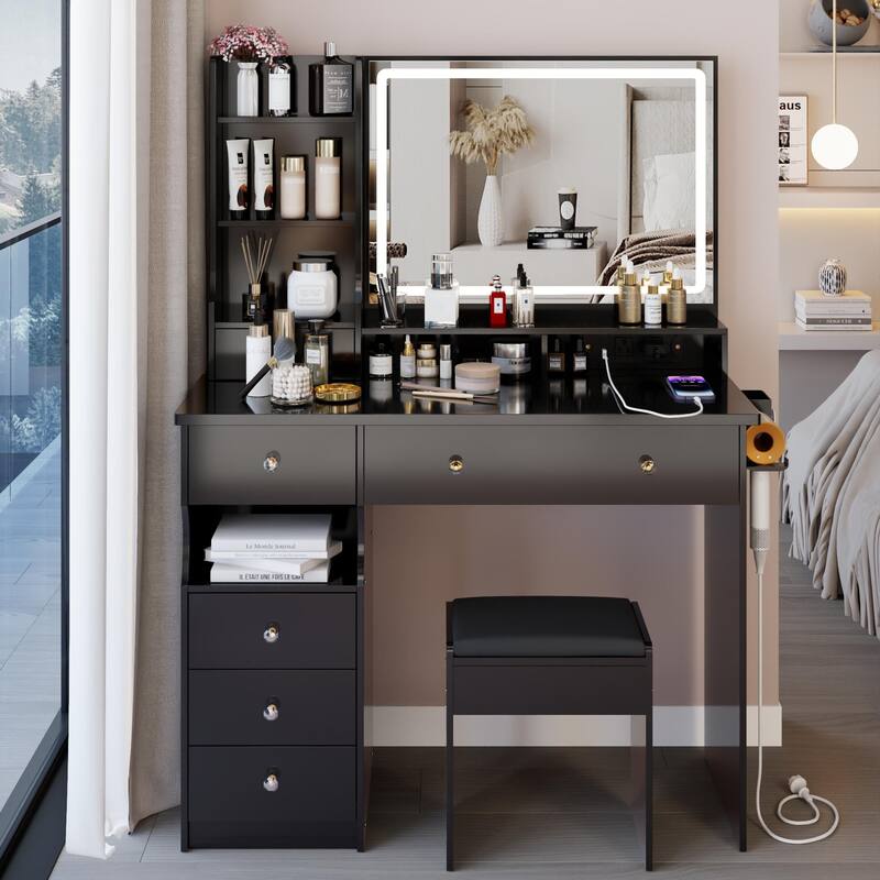 Large Size Left Drawer Dresser Set with Cushioned Stool, Power Station and LED Mirror - Black