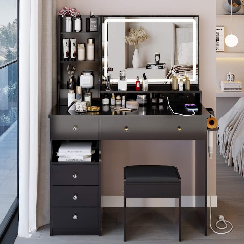 Vanity Desk with Touch Control LED Mirror, Makeup Vanity Set with Cushioned Stool, Makeup Table with Power Station