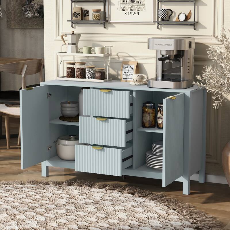 Roomfitters Sideboard Buffet Cabinet with 3 Drawers, Mid-century Modern Fluted Accent Storage for Kitchen & Dining, Cyan