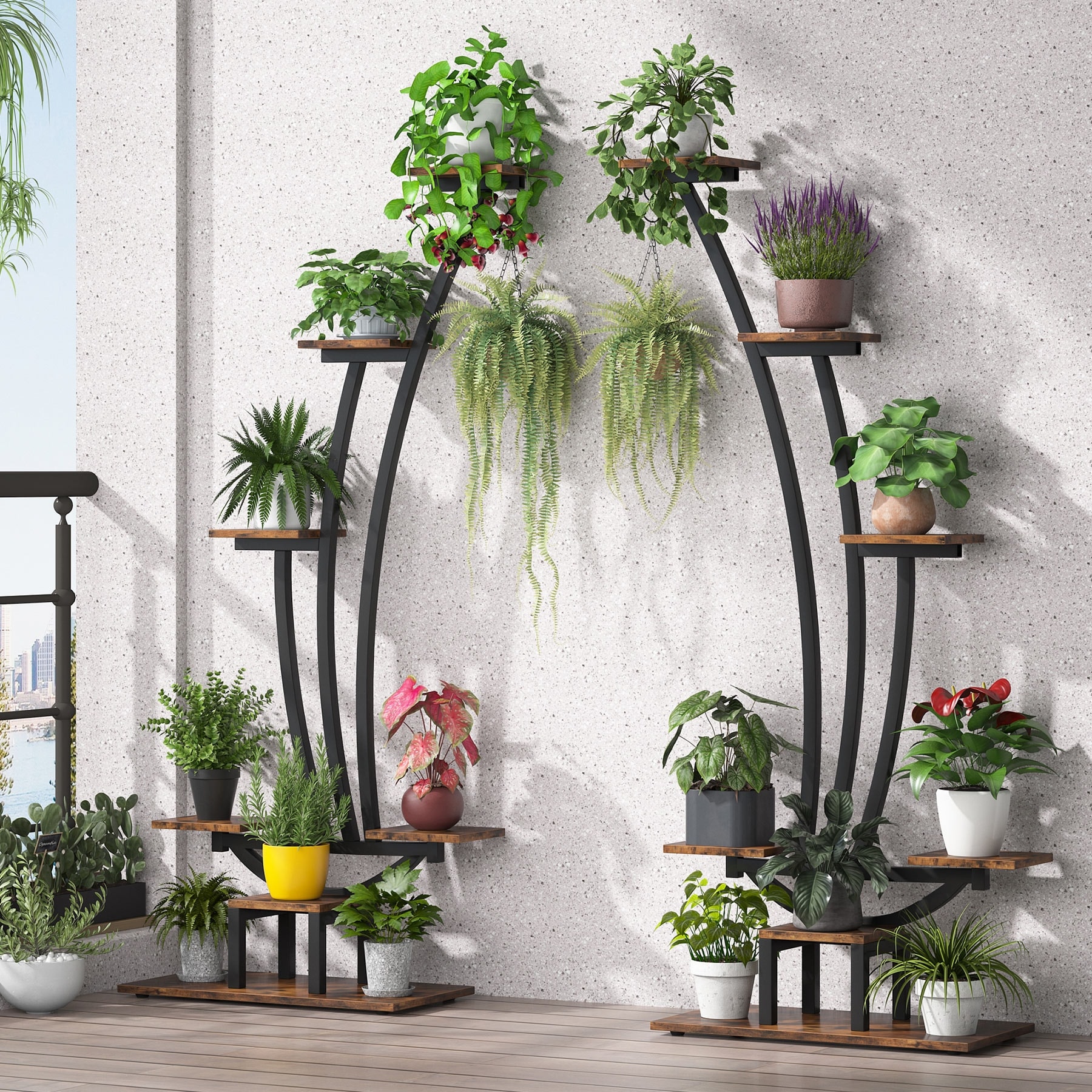 6-tier Indoor Half Moon Plant Stand with 2 Hanging Hooks - Bed