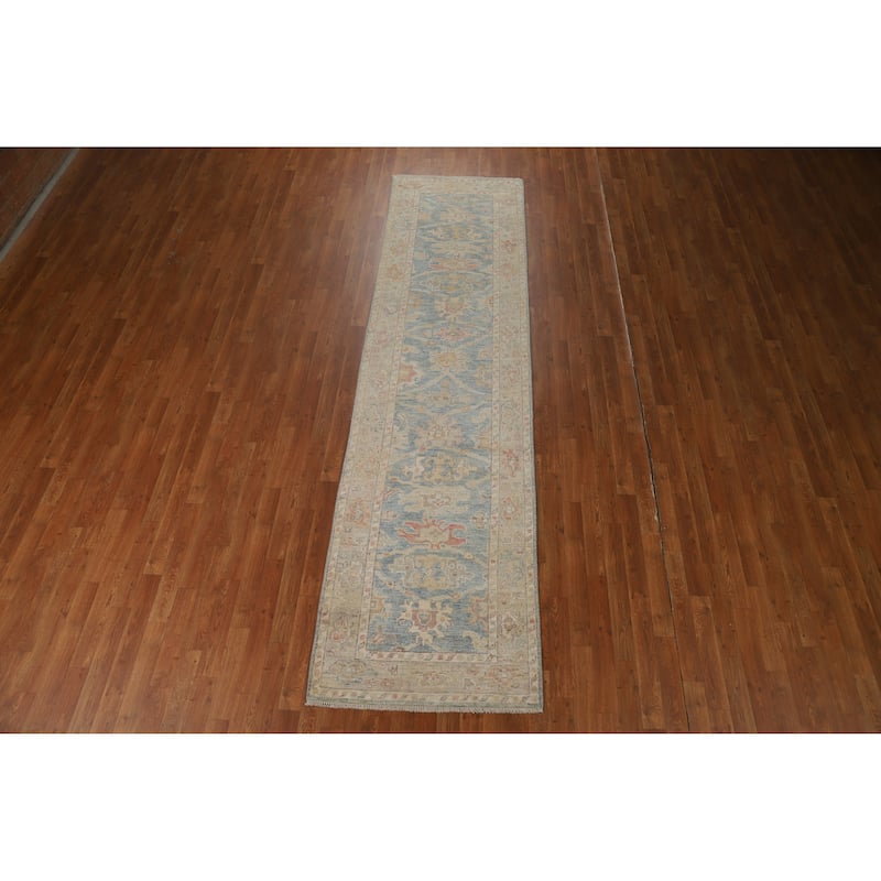 Hand Knotted Oriental 100% Wool Carpet Transitional All-Over Navy Blue & Blues Oushak Runner Rug - 11' 2'' X 2' 11''