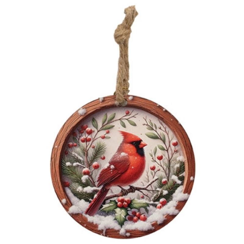 Round Cardinal Ornament Wooden Winter Holiday Tree Decoration - 5” x 5” x 0.13” - Multi