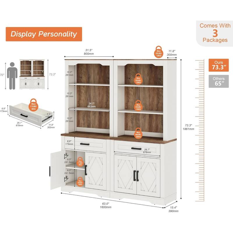 5 Tier Bookcase with Barn Door,73.3" Tall Open Storage Bookshelf