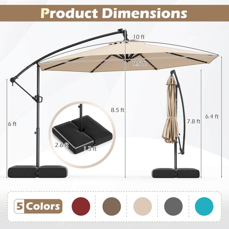 Costway 10 FT Solar Offset Hanging Umbrella Patio Cantilever Umbrella