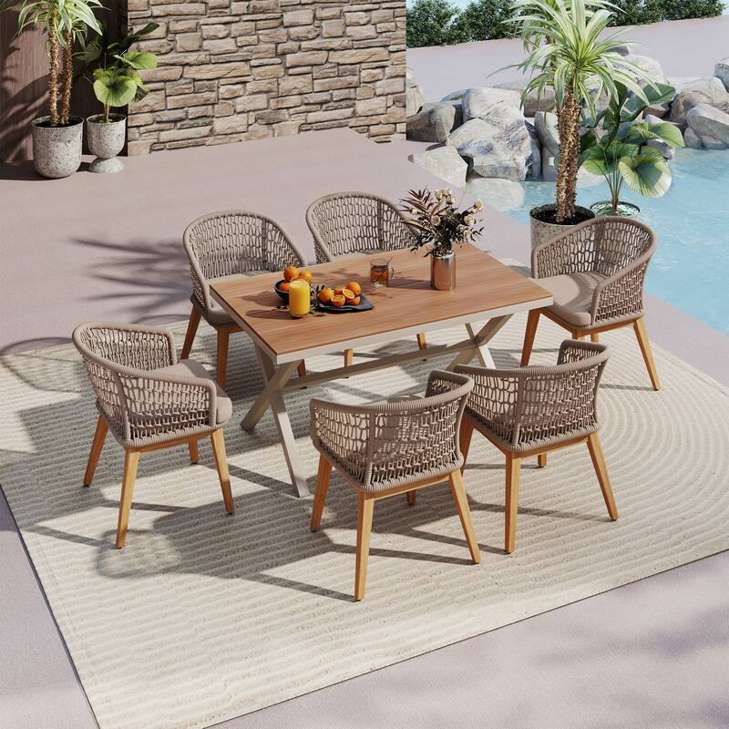 Outdoor 7-Piece Dining Chair with Rope-woven Backrest and Table Set