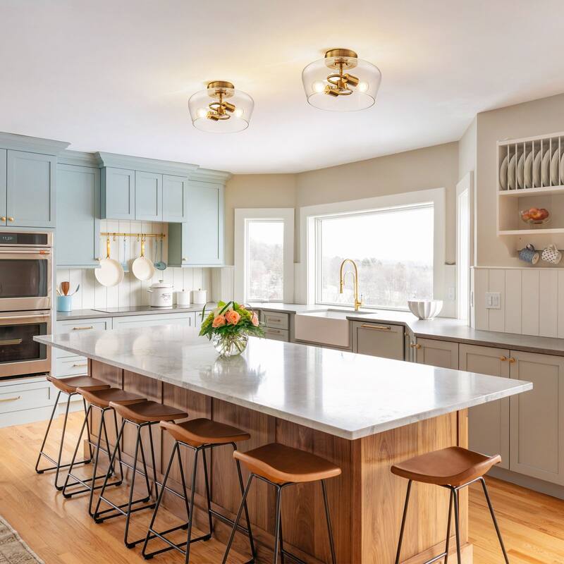 Modern 2-Light Drum Semi Flush Mount Glass Ceiling Light