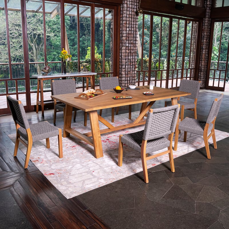 Cambridge Casual Riley 7-piece Teak Dining Set - Natural Teak/Gray Woven Polyrope 