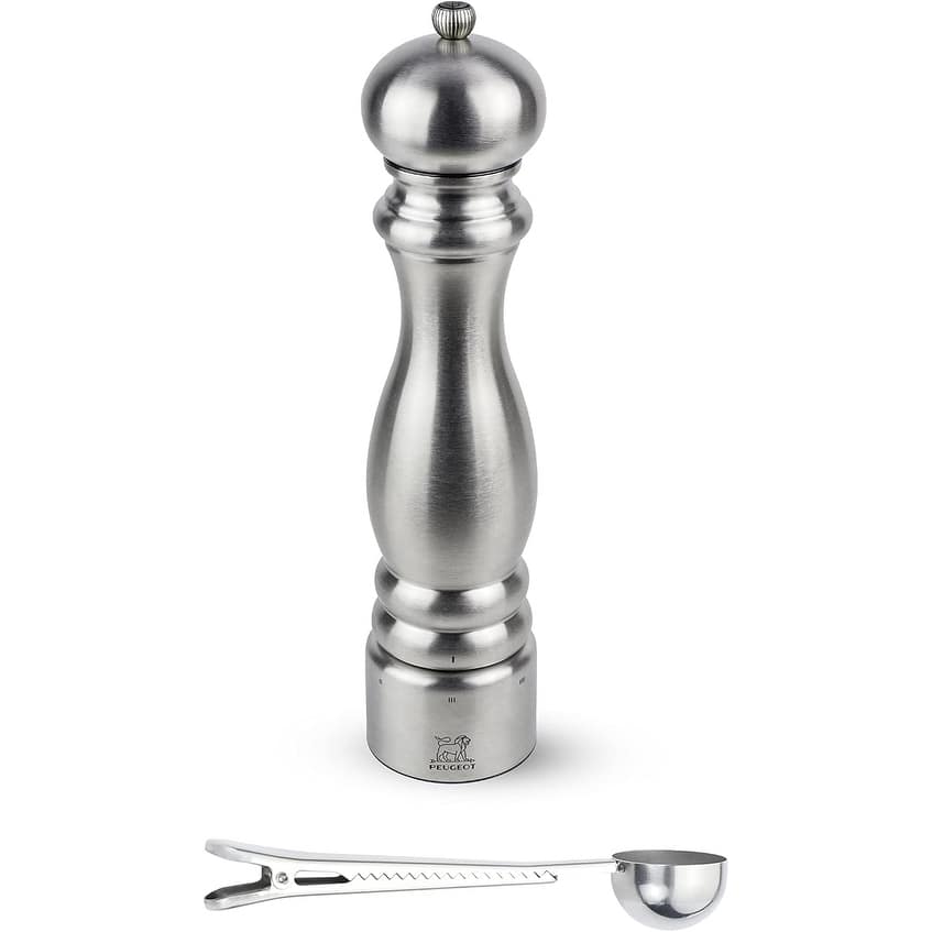 Peugeot Paris Chef u'Select Stainless Steel Pepper Mill - With Stainless Steel Spice Scoop/Bag Clip (12 -Inch, Pepper Mill)