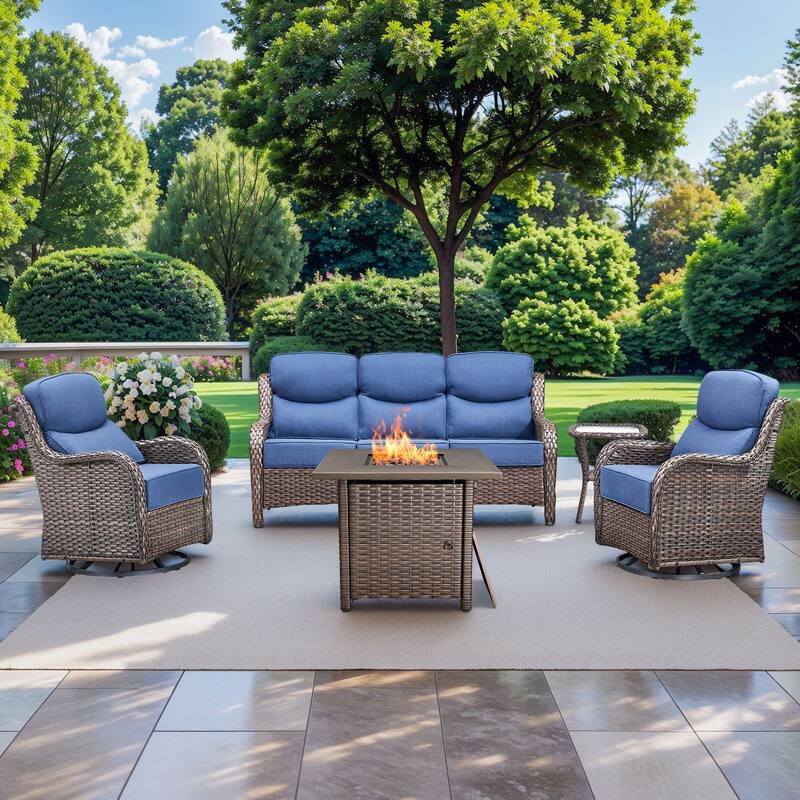 Pocassy Outdoor 6" Sofa Swivel Chair with Fire Pit Table - 5 Pieces Sofa Chair Table with Fire Table - Brown Wicker Blue Cushion