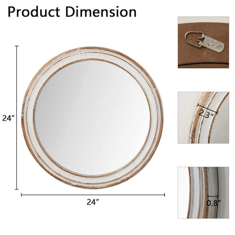 31.5 Inches Round Wall Mirror For Bathroom Vanity, Wooden Farmhouse Circle Mirrors,Whitewash Edge Decorative Mirror - N/A