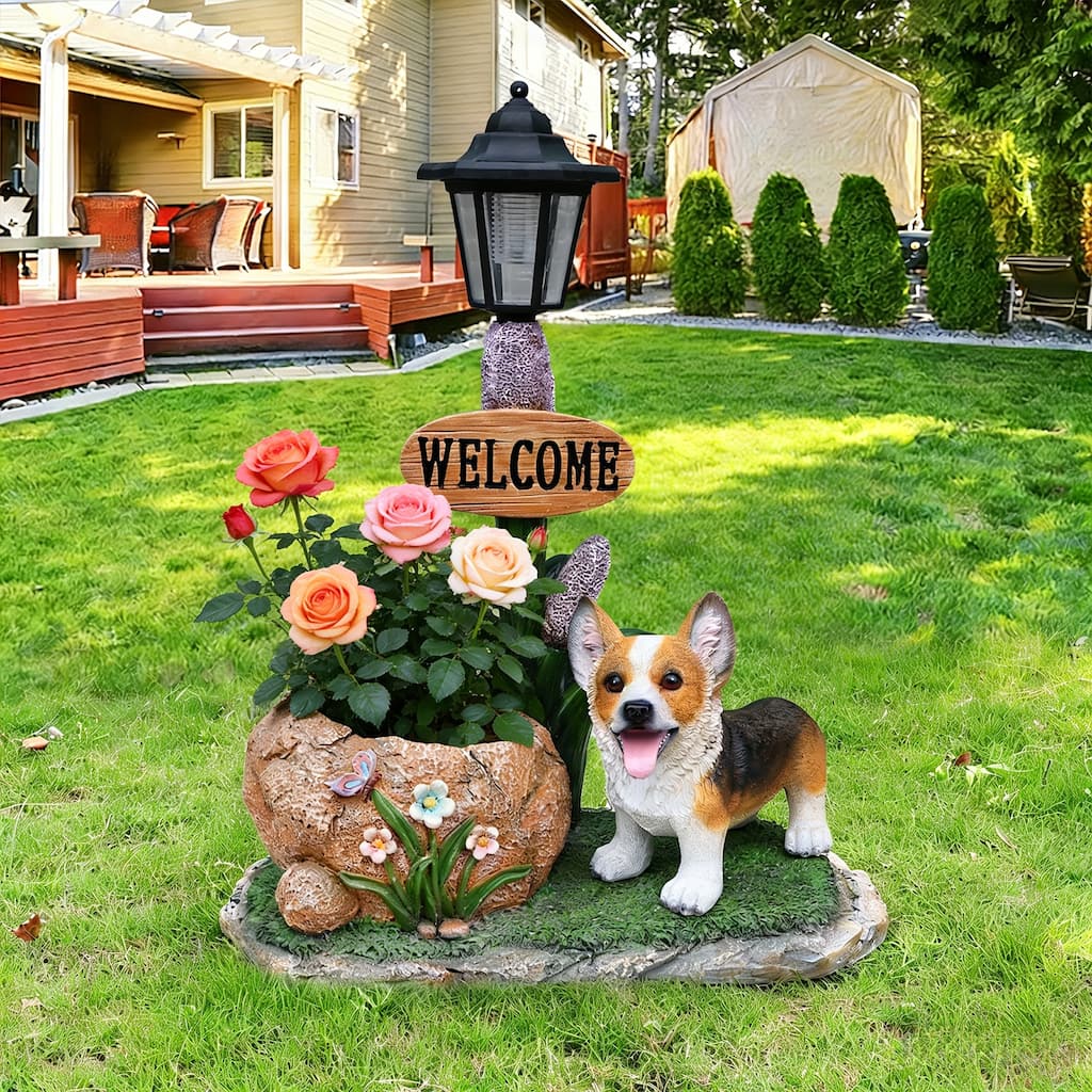 GDFStudio - Corgi Dog Planter Statue Resin Decor for Indoor & Outdoor Garden Patio Yard
