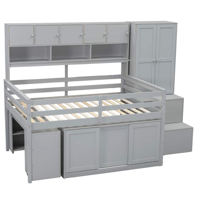 Wooden Loft Bed with Integrated Wardrobe, Under-bed Desk, Drawers, with Shelves