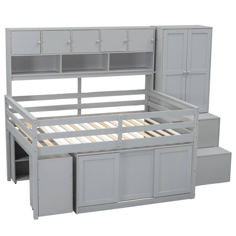 Wooden Loft Bed with Integrated Wardrobe & Desk