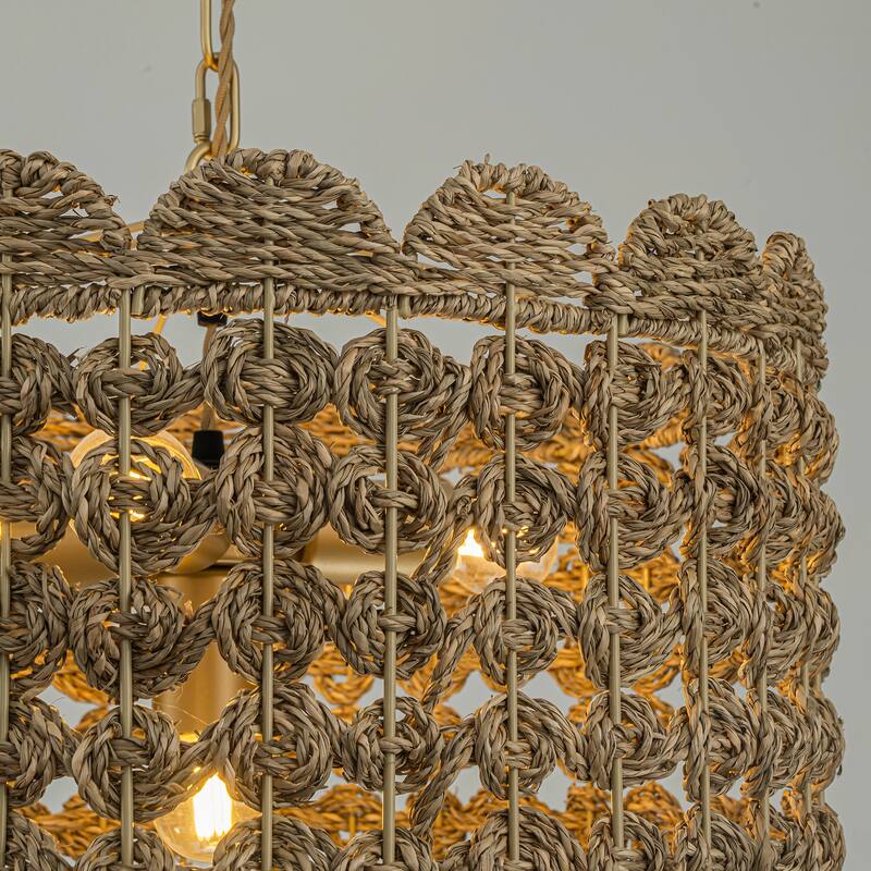 Riva Natural 4-Light Seagrass Scalloped Pendant, Coastal Boho - Handwoven - 18" Wide