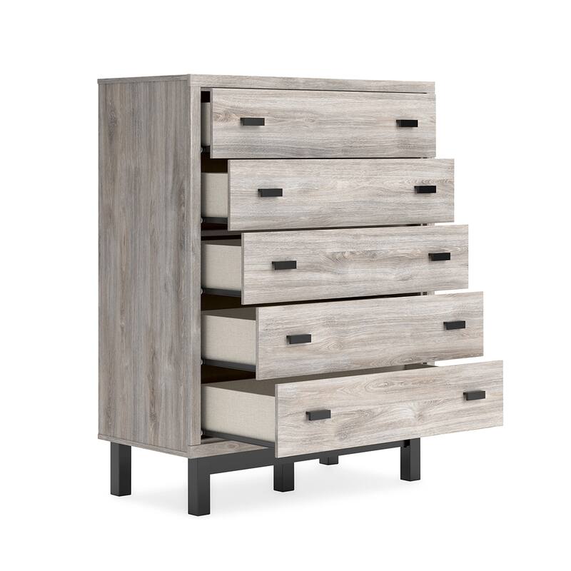 Veso Tall Dresser Chest, 5 Storage Drawers, Modern Light Gray, Black