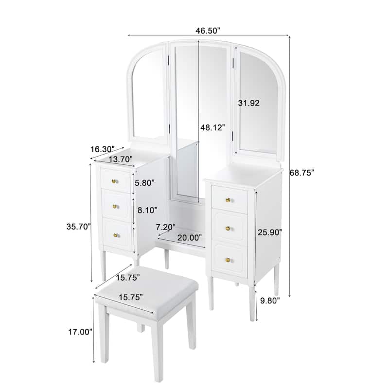 Makeup Vanity Desk with Triple Mirror, 6-Drawers and Stool