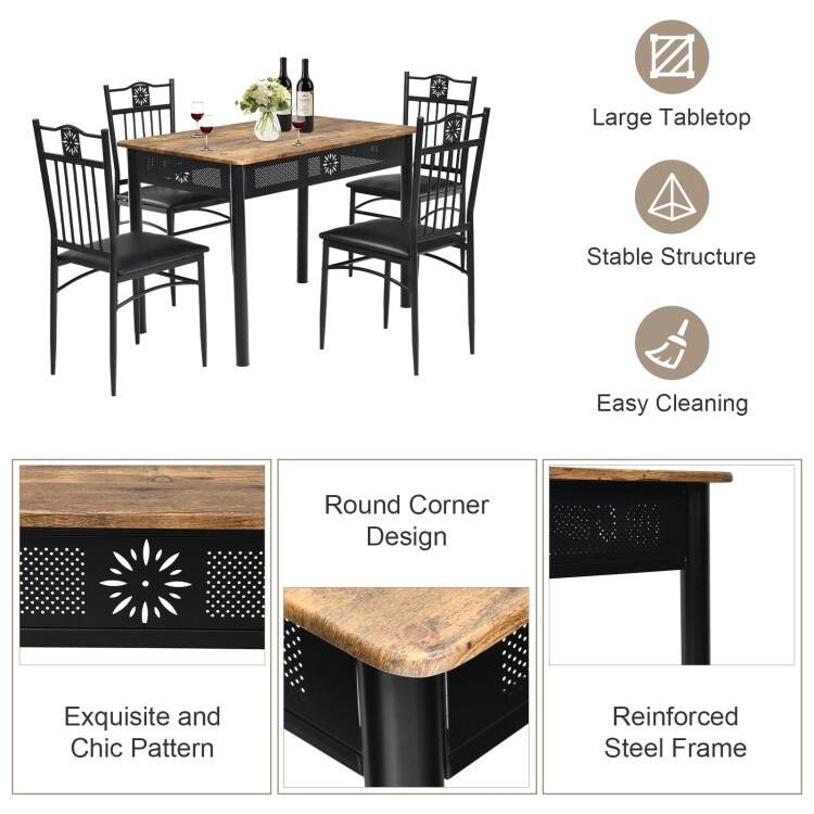 5 pcs Dining Set Wood Metal Table and 4 Chairs with Cushions