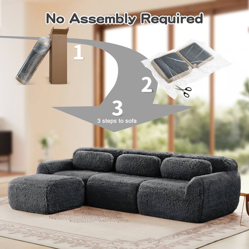 L-Shaped Boneless Sectional Sofa Set with Ottoman, Throw Pillows, 32D High-Density Sponge, No Assembly Required