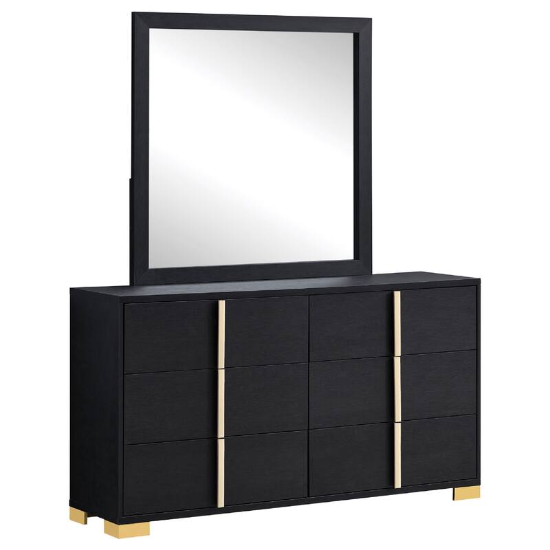 Dex Wide 6 Drawer Dresser with Mirror, Contemporary Gold Metal, Black