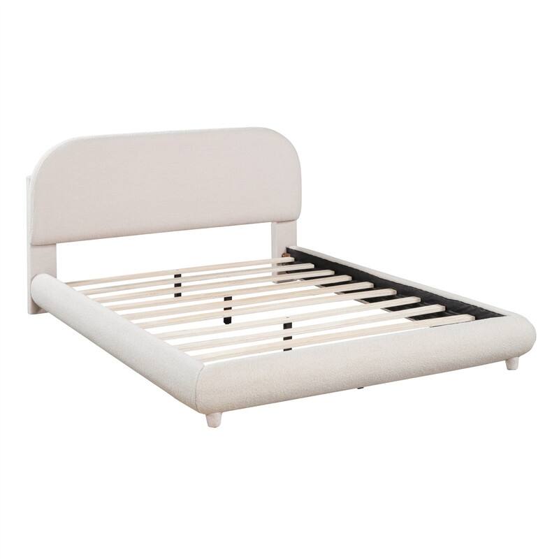 Full/Queen Size Teddy Fleece Upholstered Bed with Thick Fabric, Platform Bed Frame with Headboard & Stylish Curve-shaped Design