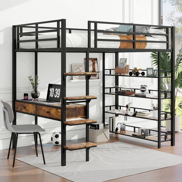 slide 2 of 12, Full Size Metal Loft bed with Desk, Ladder, Fence and Shelves for Kids, Boys and Girls, Bedroom Full - Black