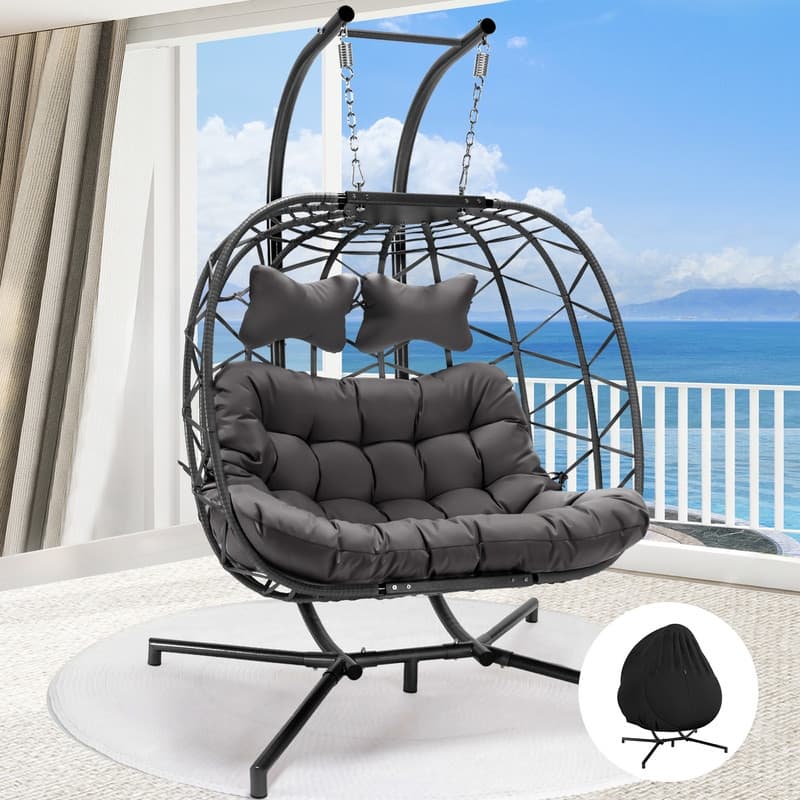 FINCATI Outdoor Double Egg Chair, 700 lbs Indoor Double Egg Chair Swing, Oversized Swing Chair, Cozy Hanging Egg Chair - Dark Grey/Cover