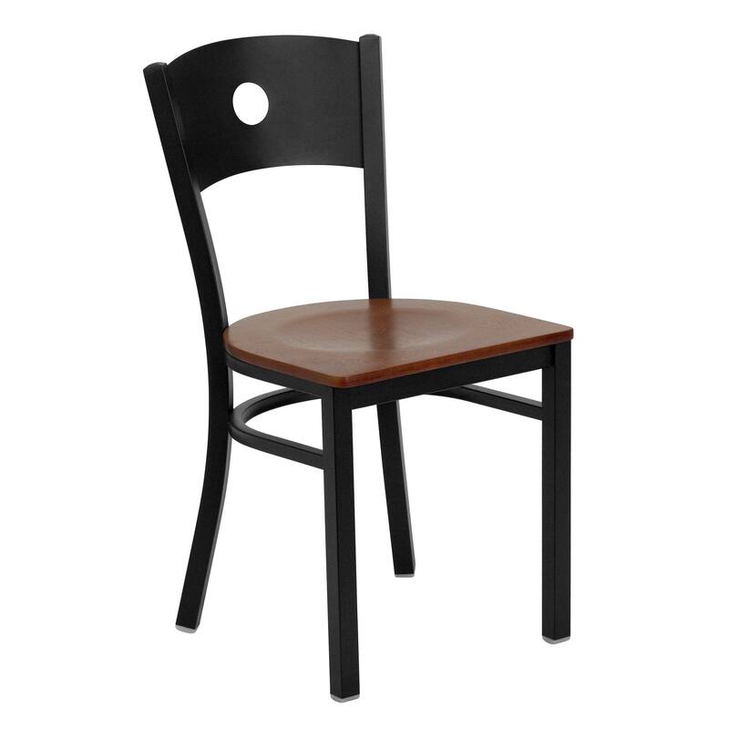 Black Circle Back Metal Restaurant Chair - 17.25"W x 20.25"D x 32.5"H - cherry wood seat/black metal frame