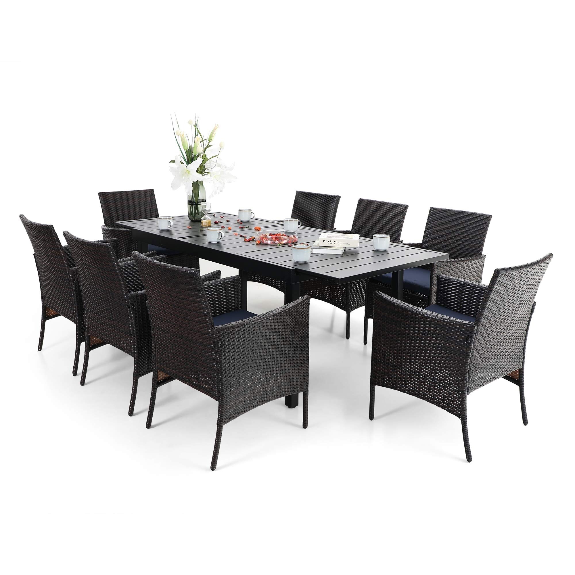 PHI VILLA 7/9 Piece Outdoor Dining Table Sets, Expandable Rectangular Metal  Dining Table and 6 Rattan Chairs