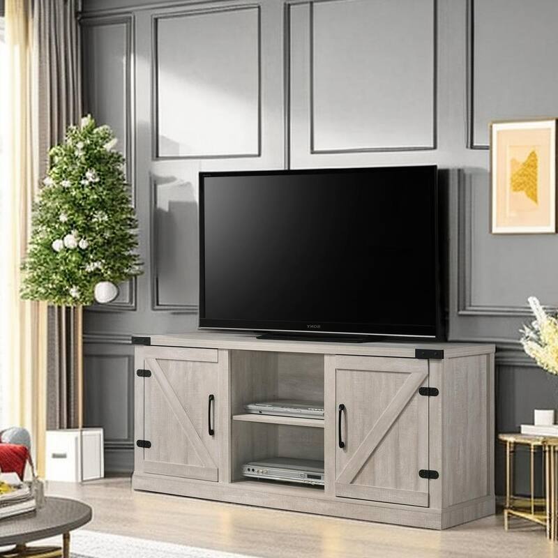 58 Inch Farmhouse TV Stand for up to 65" TV with Doors and Open Shelves Media Console Power Outlet
