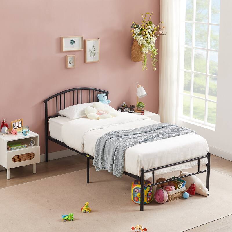 Modern Metal Bed Frames with Curved Headboard, No Box Spring Needed, Black