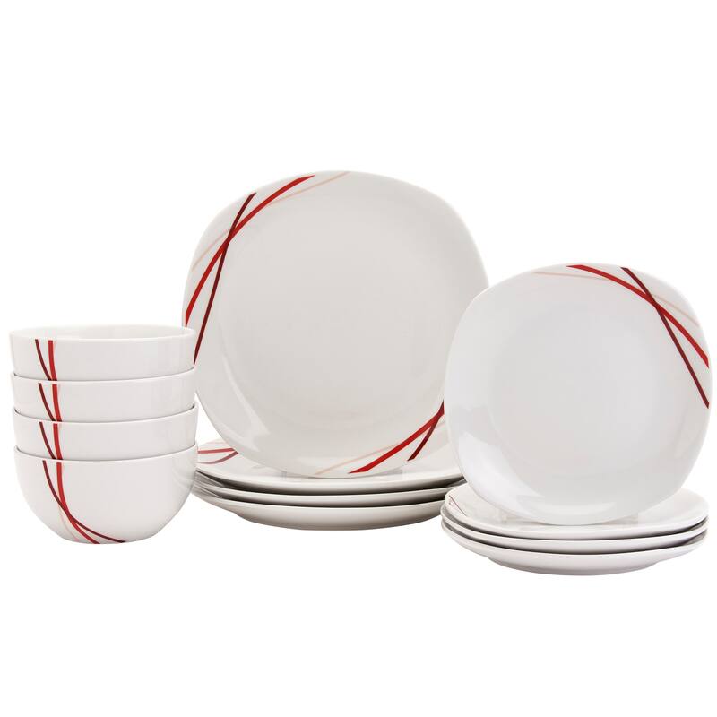 Tabletops Gallery Adrian 12 Piece Porcelain Dinnerware Set In White With Red Stripes- Service for 4
