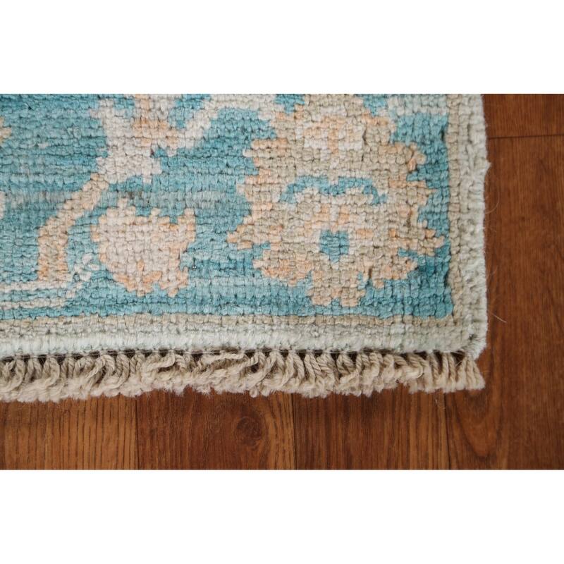 Hand Knotted Oriental 100% Wool Carpet Transitional Geometric Green Oushak Area Rug - 2' 11'' X 1' 11''