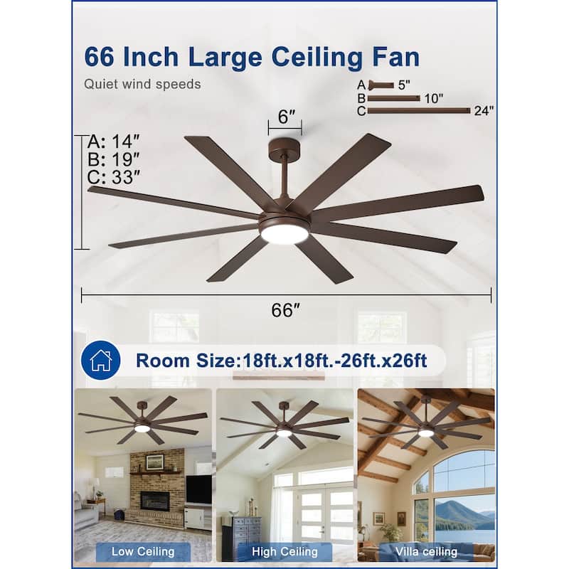 Large Ceiling Fan with Light - 8-Blade, Remote App Control, Dimmable 3CCT, Quiet DC Motor​, 66/72 Inches