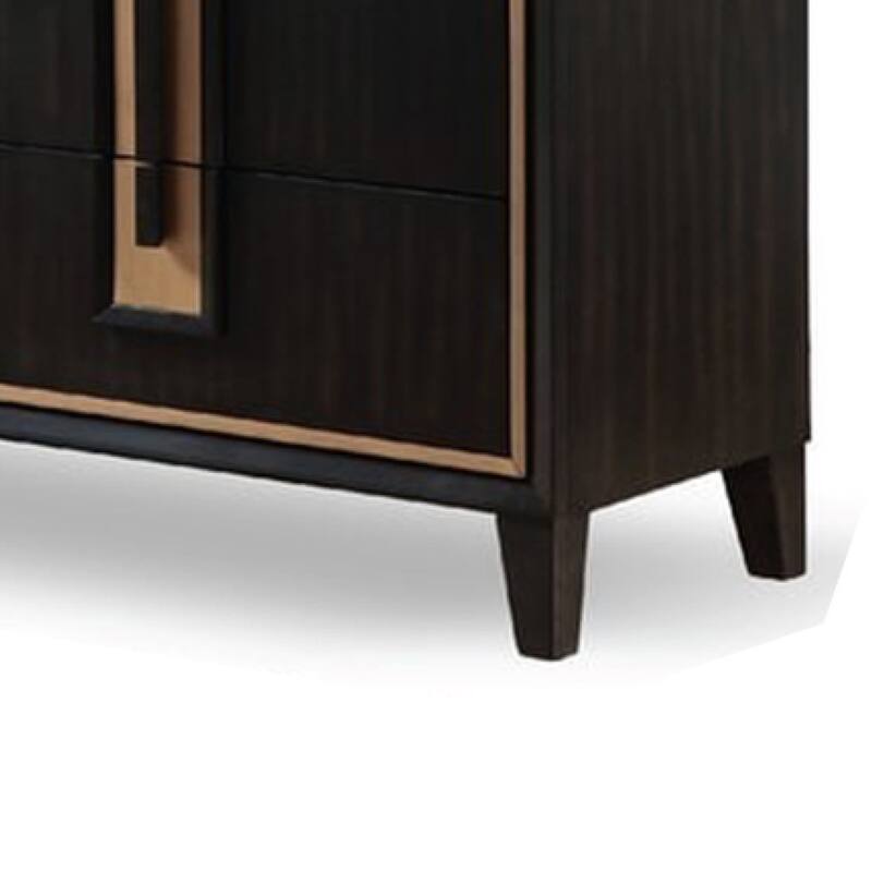 Yada Wide Dresser, 6 Drawers, Espresso Brown Solid Wood, Gold Metal