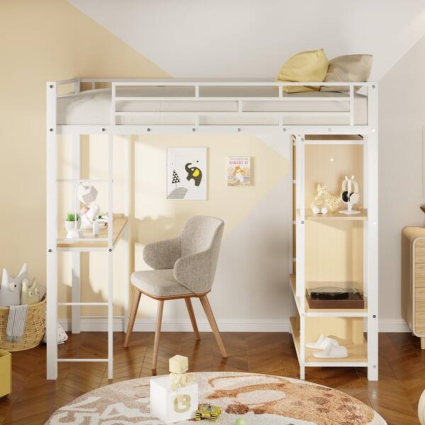 slide 2 of 18, Contemporary Design Metal Loft Bed with Built-in Wardrobe, Desk and Shelves, Twin Size, White White