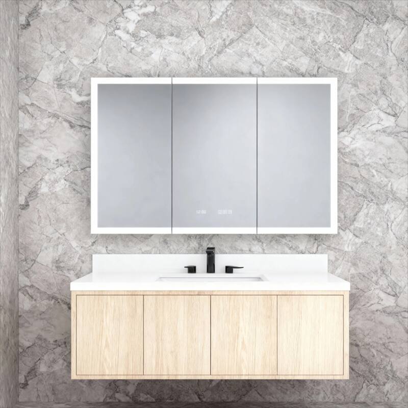 Rectangular Aluminum Recessed/Surface Mount Medicine Cabinet in Silver with Mirror LED and Clock - Silver - 48'' x 5.4'' x 30''