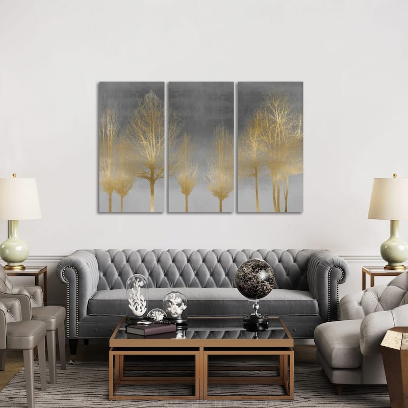 iCanvas "Gold Forest On Gray" by Kate Bennett 3-Piece Canvas Wall Art Set - 40x60x1.5