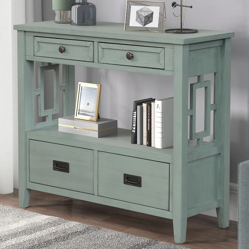 36'' Farmhouse Pine Wood Console Table Entry Sofa Table with 4 Drawers & 1 Storage Shelf for Entryway Living Room Bedroom -  Retro Blue