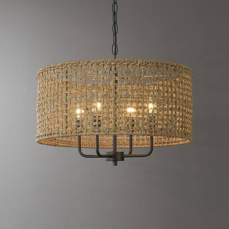 4-Light Bohemian Hand Woven Drum Chandelier - W20" x H75.6" - Black/Straw - Straw - 20 in. W