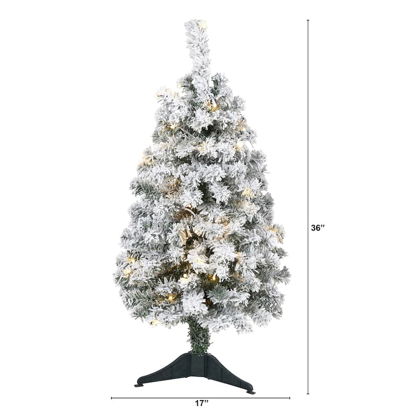 3ft. Flocked Spruce Artificial Christmas Tree with 50 Clear LED Lights - Compact Snowy Holiday X-Mas Accent